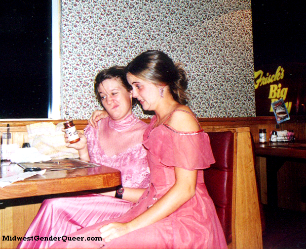 Spring 2002: Night diner adventures with my oldest friend, Jess. I am wearing a 1970s dress and Jess is in a thrifted costume from the Cincinnati ballet. We balanced the camera on a booth across from us.